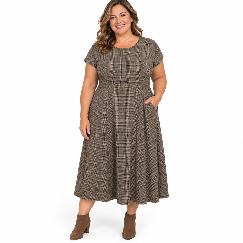 Lane Bryant Brown Black Plaid Pleated Knit Stretch Midi Dress Pockets NWT sz 20